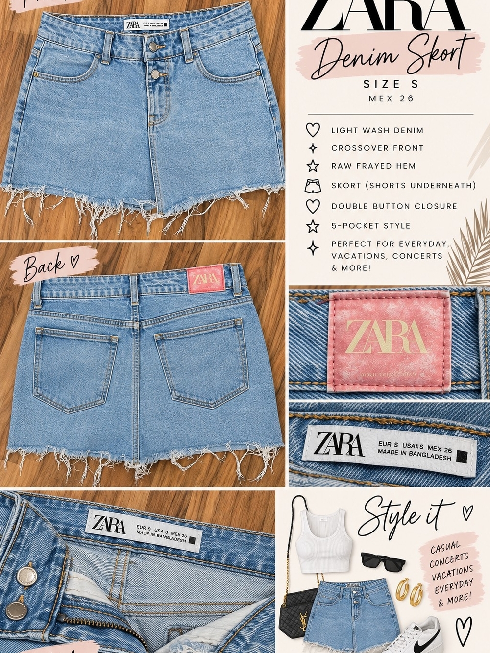 Zara Light Wash Denim Crossover Skort Raw Frayed Hem Size S